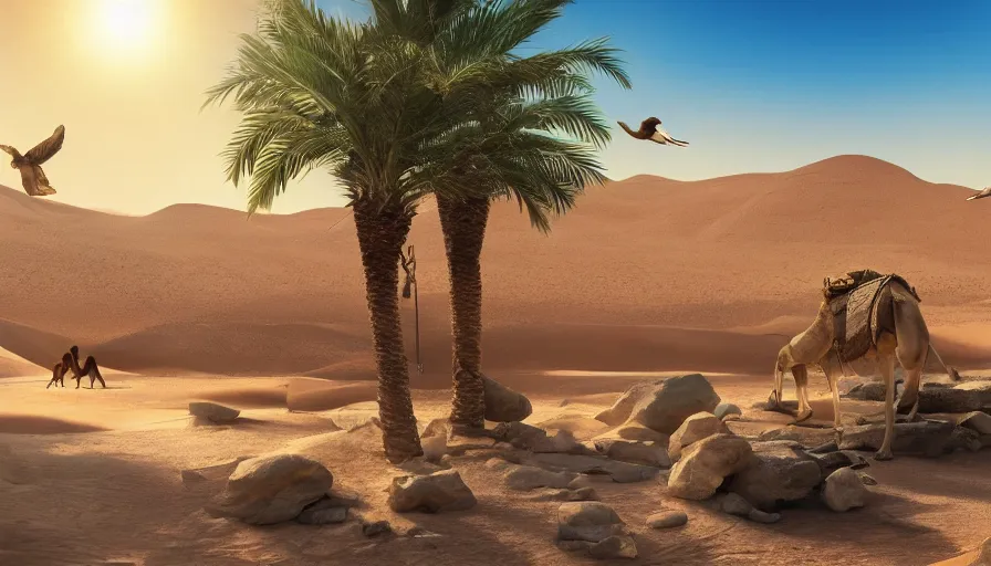 Prompt: a mirage with water stones and palm trees in the desert, artstation, surrounded by wide dessert, human arriving with camel, birds flying, clear blue sky, sun shining