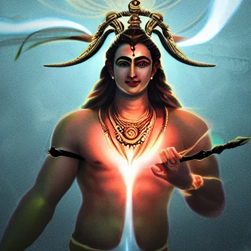 Prompt: Lord Shiva holding trident in the space , glowing effect, universe, concept art trending on artstation , realistic,