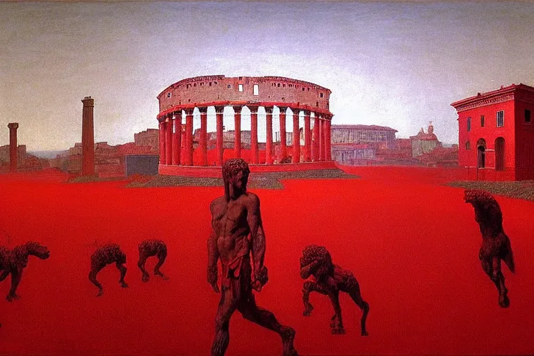 Image similar to only with red, caesar after war, a red tiger, in hoc signo vinces, rome in background, an ancient path, in the style of beksinski, part by hopper, part by rodcenko, part by hofbauer, intricate composition, red by caravaggio, insanely quality, highly detailed, masterpiece, red light, artstation