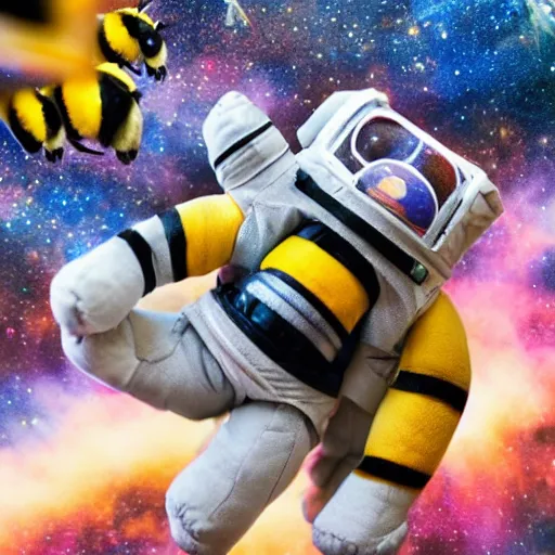 Prompt: an astronaut holds a bumblebee plush toy in his hand, space background with explosions, highly detailed still portrait, award winning picture