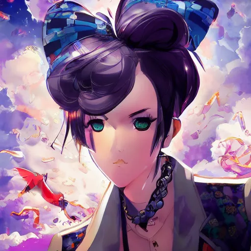 Image similar to Magazine Cover Anime key visual of a Gucci girl; official media; typography; drawn by Hirohiko Araki; Jojo's Bizarre Adventure; Jojolion, portrait, made by Stanley Artgerm Lau, WLOP, Rossdraws, James Jean, Andrei Riabovitchev, Marc Simonetti, Yoshitaka Amano, ArtStation