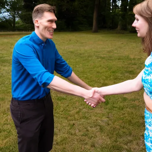 Image similar to jerma985 shaking hands with Cathy Mitchell, wide shot, 4k, professional photography, detailed