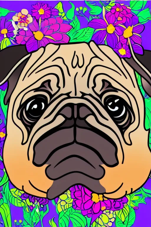 Image similar to portrait of a flower pug, art by milka oxana, sticker, colorful, illustration, highly detailed, simple, smooth and clean vector curves, no jagged lines, vector art, smooth