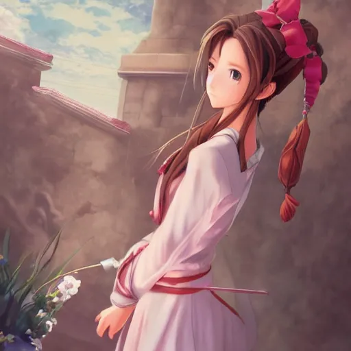 Image similar to beautiful anime, aerith gainsborough, by sakimichan, jeongseok lee, logan cure, ja mong, nick silva, trending artstation