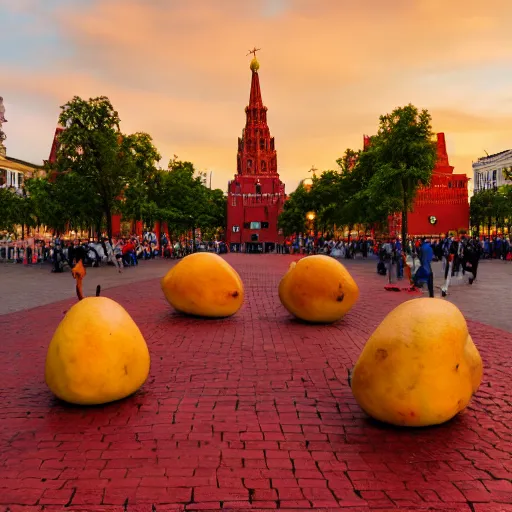 Image similar to symmetrical photo of giant mango sculpture on red square, super wide shot, bokeh, golden hour