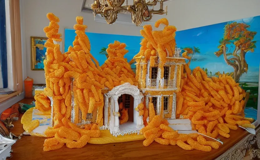 Prompt: beach house made of cheetos, rococo style, extremely detailed