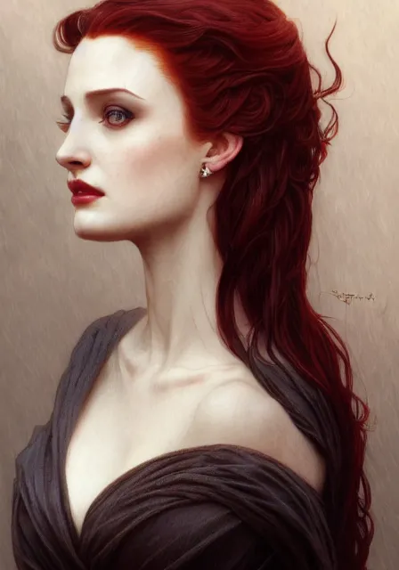 Image similar to sansa angeline jolie gessica chastain vampire, intricate, elegant, highly detailed, digital painting, artstation, concept art, smooth, sharp focus, illustration, art by artgerm and greg rutkowski and alphonse mucha and william - adolphe bouguereau