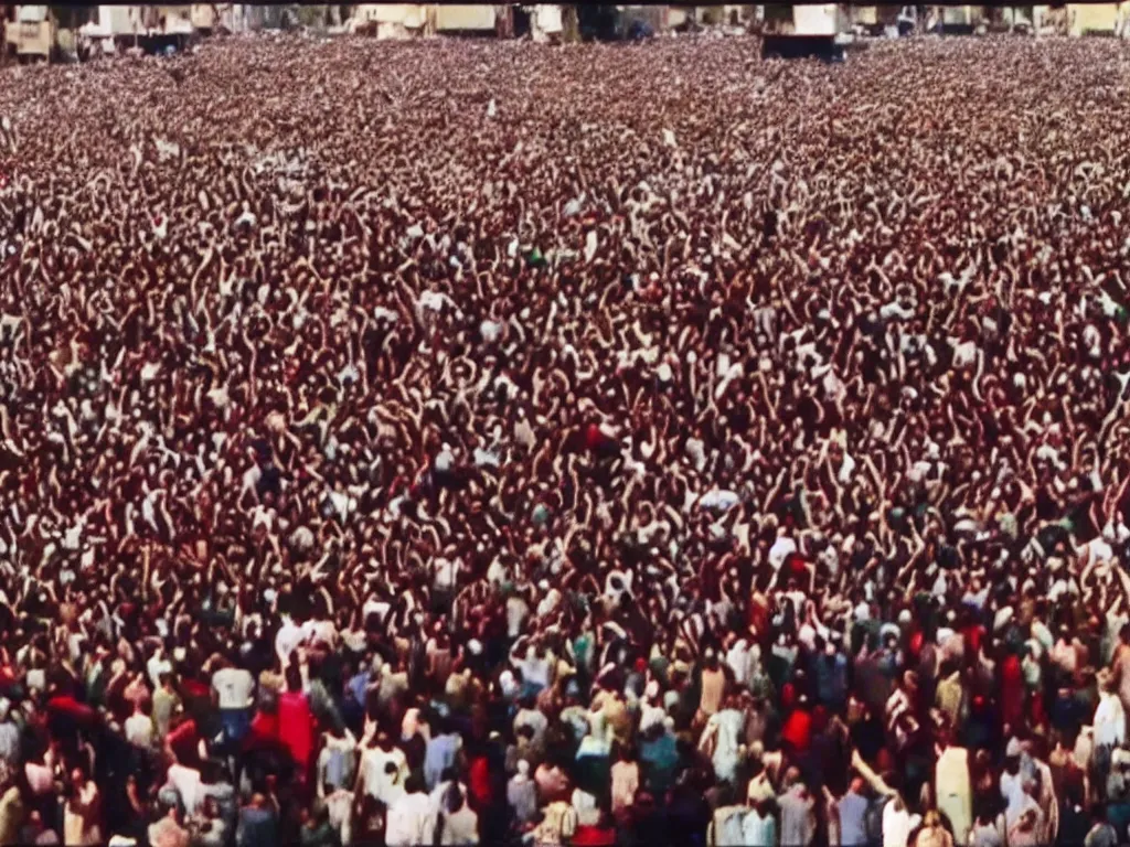 Image similar to vintage 90s VHS video still of crowd mourning Imam Hussein in the Middle East, realistic, TV, noise