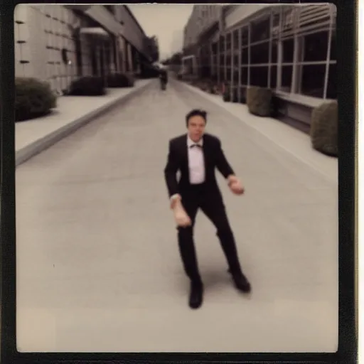 Image similar to A creepy polaroid photo of Elon Musk chasing you down a hallway