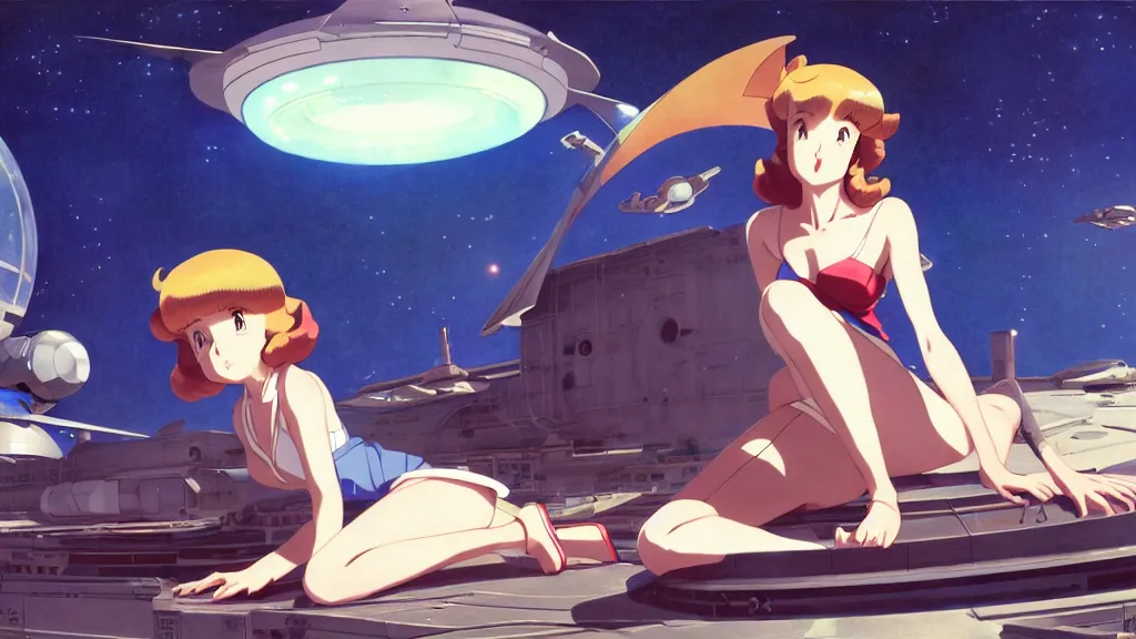 Prompt: a film still of a 1 9 5 0's sci fi anime girl sitting on the roof of flying ufo landing in hangar of giant spaceship, sharp face focus, full body mid shot, perfect art, trending on pixiv fanbox, painted by gaston bussiere, makoto shinkai, akihiko yoshida, gaston bussiere, craig mullins