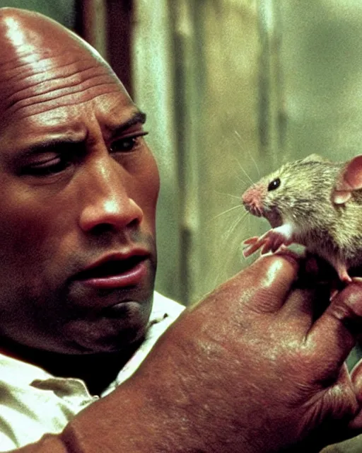 Image similar to film still close - up shot of dwayne johnson as john coffey petting a mouse in the movie the green mile. photographic, photography