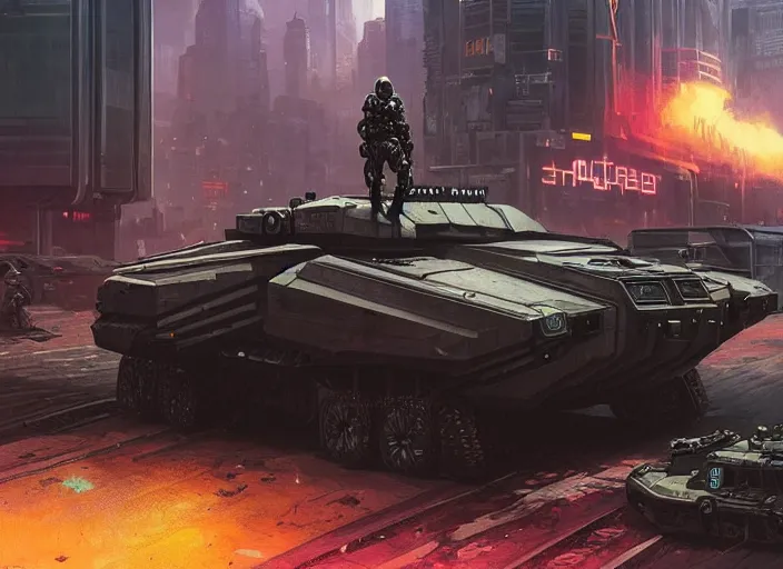 Prompt: A stryker armored vehicle as a Cyberpunk 2077 loading screen, intricate, dystopian, sci-fi, extremely detailed, digital painting, artstation, concept art, smooth, sharp focus, illustration, intimidating lighting, incredible art by artgerm and greg rutkowski and alphonse mucha and simon stalenhag