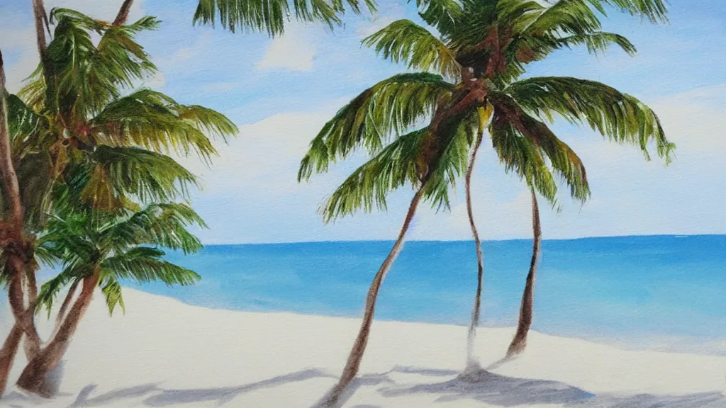 Prompt: a Drybrush art sample of a white sand beach with palms on the sides
