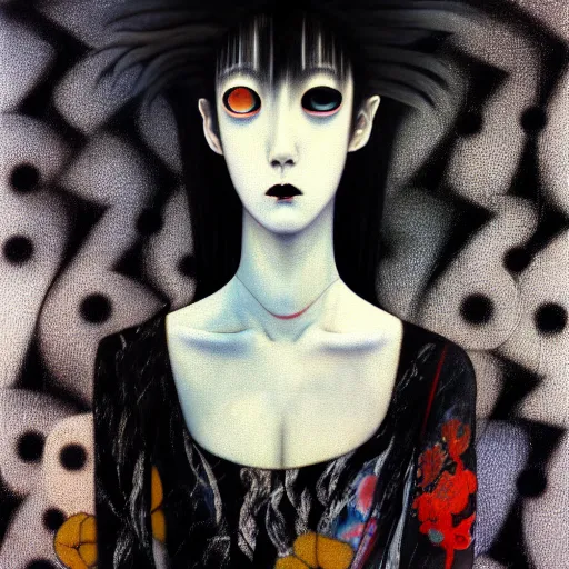 Image similar to yoshitaka amano blurred and dreamy realistic three quarter angle portrait of a young woman with black lipstick and black eyes wearing dress suit with tie, junji ito abstract patterns in the background, satoshi kon anime, noisy film grain effect, highly detailed, renaissance oil painting, weird portrait angle, blurred lost edges