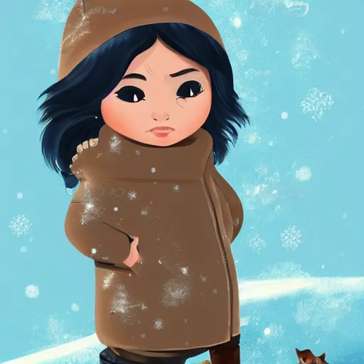 Image similar to a young inuit woman with chubby cheeks. she's wearing a winter coat and has a pet dog standing beside her. artstation, character concept, sharp focus