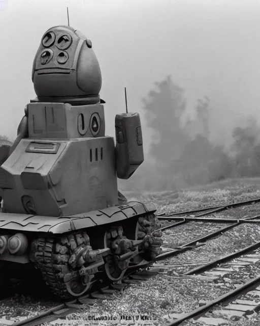 Prompt: giant oversized chubby bulky armored train pug robot mech, with big pug head , rocket launcher , on a village , Archive WWII footage. Documentary newsreel, foggy, panorama