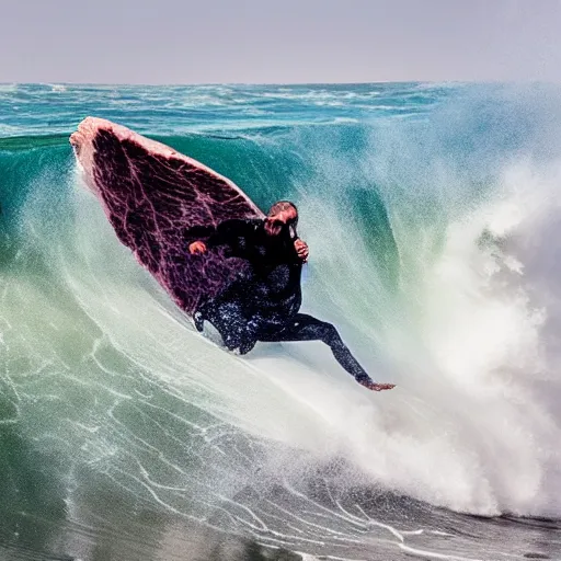 Image similar to a medium rare steak surfing the big waves at mavericks, high contrast, slow - mo high speed photography, water splashing, summertime water park