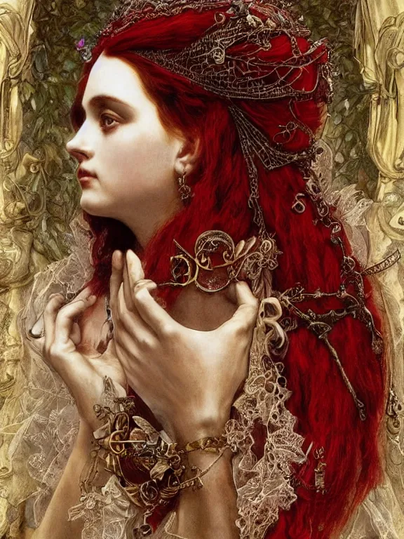 Prompt: a beautiful render of a catholic veiled red queen with symmetry intricate detailed ,heart sculpture,by Lawrence Alma-Tadema,aaron horkey,Billelis,trending on pinterest,hyperreal,jewelry,gold,intricate,maximalist,glittering,golden ratio,cinematic lighting