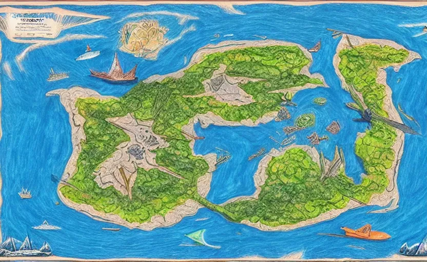 Image similar to futuristic island map, drawn with crayons, detailed