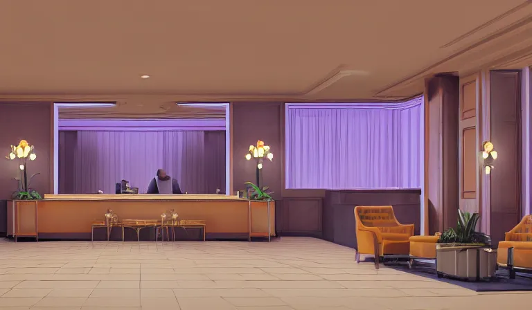 Prompt: a beautiful, sharp focus, clean lines. the interior of a 1 9 4 0 s art deco luxury hotel lobby. vaporwave ombre rendering. outrun style. trending on artstation. recommended for you behance. wes anderson colors. by chris moore. by edward hopper. ambient occlusion. digital matte painting. metropolis filmic. gotham city.