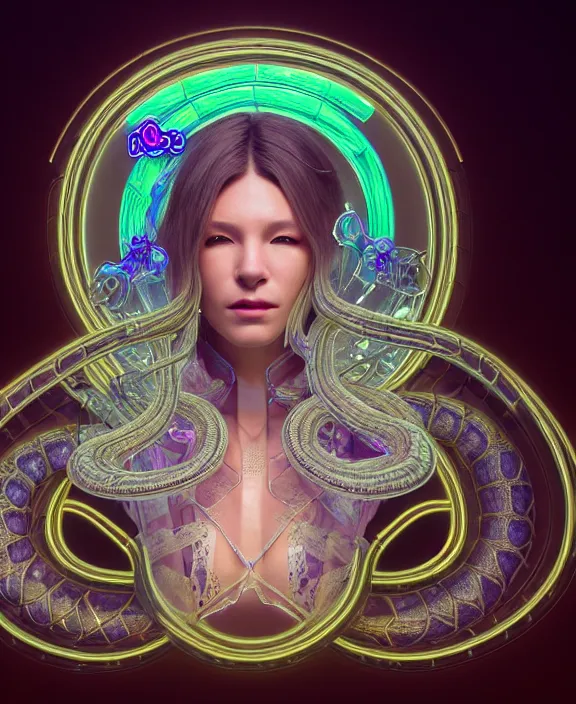 Prompt: intricate opulent transparent clear see - through portrait of handsome masculine snake, fractal, neon lights, circuitry, spaceport environment, ultra realistic, concept art, art nouveau, photorealistic, octane render, 8 k, unreal engine. art by nori inoguchi and sam kaplan and zachary goulko and christopher marley and artgerm and alphonse mucha