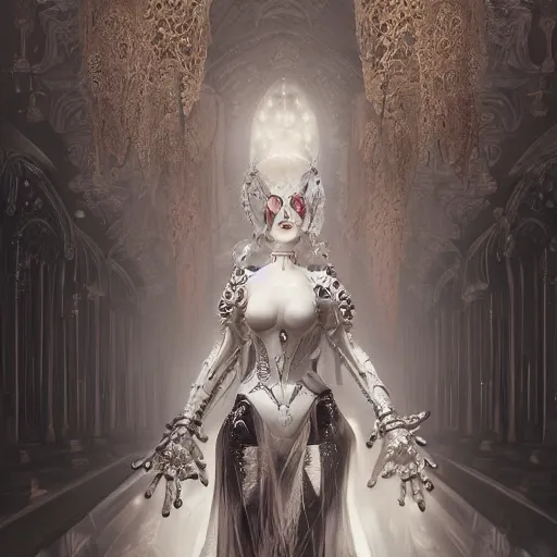 Image similar to female gothic robots with heart organ, dressed in white intricate baroque lace, veils and jewels, epic environment, matte painting, diffused lighting, highly detailed, cinematic, epic atmosphere, digital art, trending on artstation, wide angle