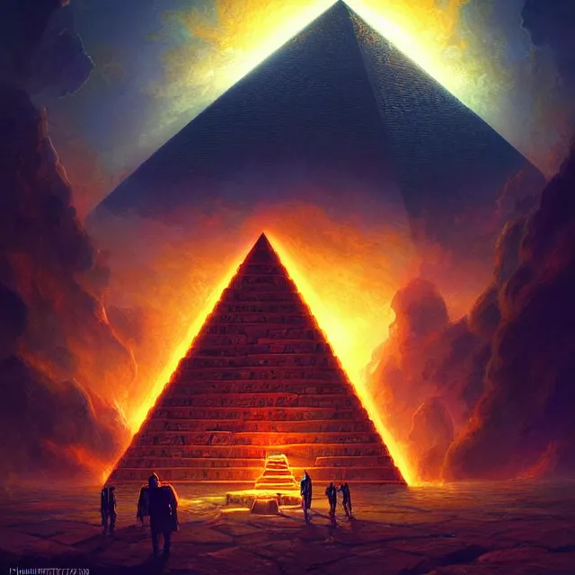 Image similar to the illuminati eye opening up from an orb above a pyramid, atmospheric lighting, intricate, volumetric lighting, beautiful, sharp focus, ultra detailed, in the art style of marc simonetti, bowater charlie and brom gerald, astrophotography