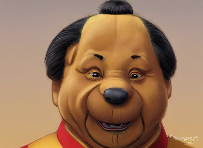 Image similar to portrait of Xi Jinping wearing a Winnie the Pooh onesie in a trashy Chinese dirt poor landfill, hungry, beta weak male, digital painting, concept art, smooth, sharp focus, illustration, from Metal Gear, by Ruan Jia and Mandy Jurgens and William-Adolphe Bouguereau, Artgerm, masterpiece