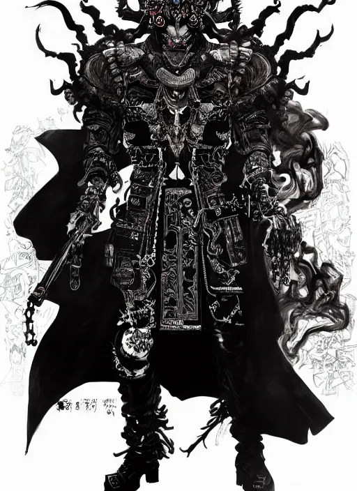 Prompt: half body portrait of an evil deity, a man in an ornate carnival mask and black rugged ornate trench coat oozing with smoke and dark aura. in style of yoji shinkawa and hyung - tae kim, trending on artstation, dark fantasy, great composition, concept art, highly detailed, dynamic pose, vibrant colours.