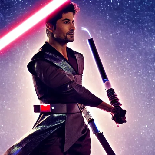 Prompt: Chayanne the singer as a jedi in star wars, holding a lightsabre. splash art, cinematic lighting, dramatic, octane render, long lens, shallow depth of field, bokeh, anamorphic lens flare, 8k, hyper detailed, 35mm film grain