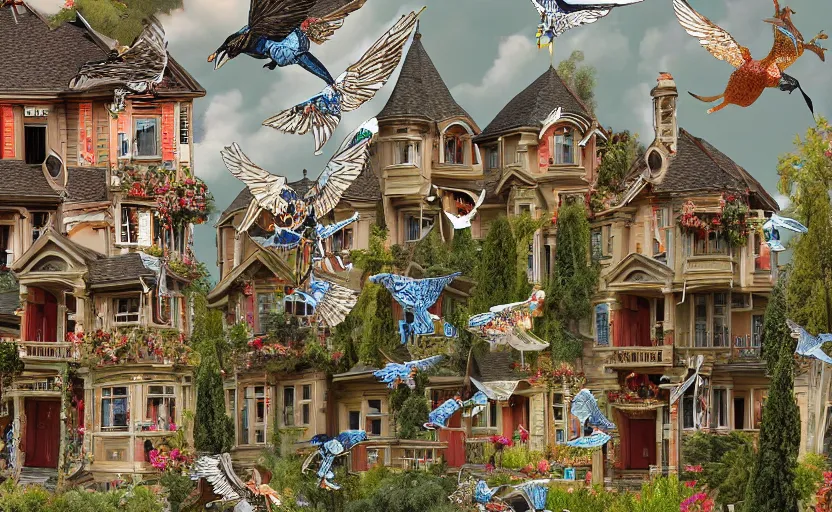 Image similar to hyperdetailed house, seen from the distance. maximalist paper birds flying. with unexpected interesting elaborate fabric elements. 8 x 1 6 k hd mixed media 3 d collage in the style of a childrenbook illustration in soft natural tones. matte background no frame hd