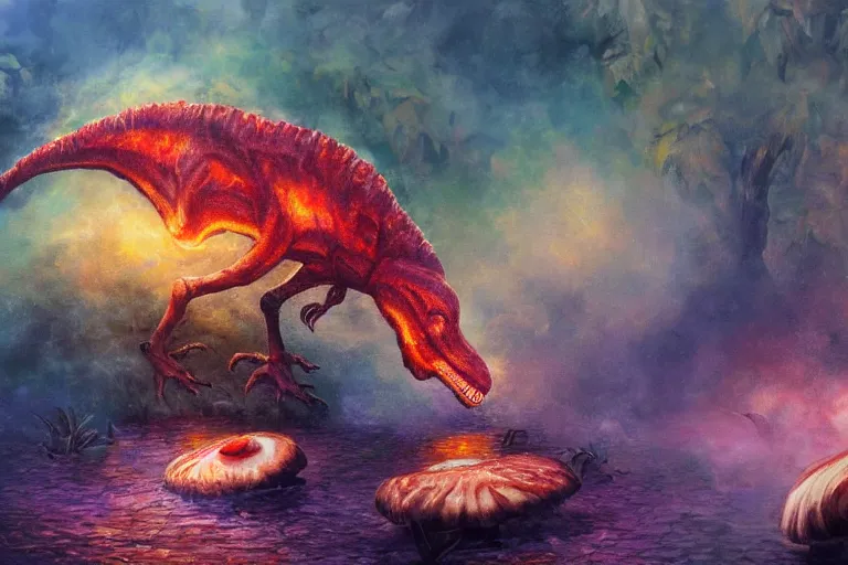 Image similar to highly detailed oil painting of a! tyrannosaurus ( ( mushroom ) ) in a steaming colorful hotspring, featured on artstation