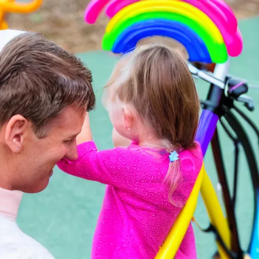 Prompt: a little girl listening to her parents, who are riding a pink sparkly peloton unicorn, detailed, animated