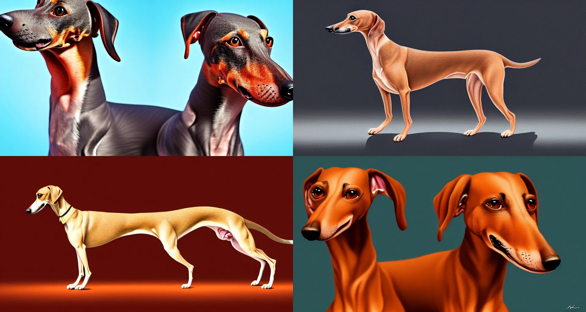 Prompt: a digital painting of a greyhound - sausage dog hybrid, isolated, hyperealism, award winning, stunning, trending on art - sation, highly detailed, cinematic lighting, 8 k, hd