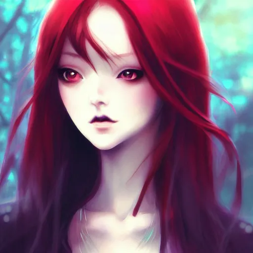 Image similar to facial portrait of a young pretty anime woman, long red hair, dark eyes, gothic eyeliner, character concept art, headshot, Charlie Bowater, Anna Dittmann, WLOP, Rumiko Takahashi, Akihiko Yoshida, Hyung-tae Kim, alexander mcqueen, trending on Artstation