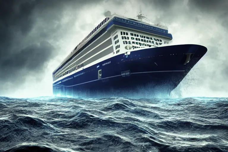 Image similar to photorealistic blue - tinted photo of a sinking cruise ship, storm, thunderstorm, horror, smooth, epic, highly detailed, cinematic, unreal engine rendering