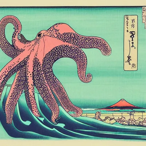 Image similar to octopus, mt fuji, cherry blossoms, big wave, ukiyo-e by Utagawa Kuniyoshi