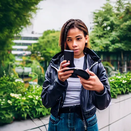 Image similar to candid photographic portrait of a poor techwear mixed young woman using a flip phone inside a dystopian city, closeup, beautiful garden terraces in the background, sigma 85mm f/1.4, 4k, depth of field, high resolution, 4k, 8k, hd, full color