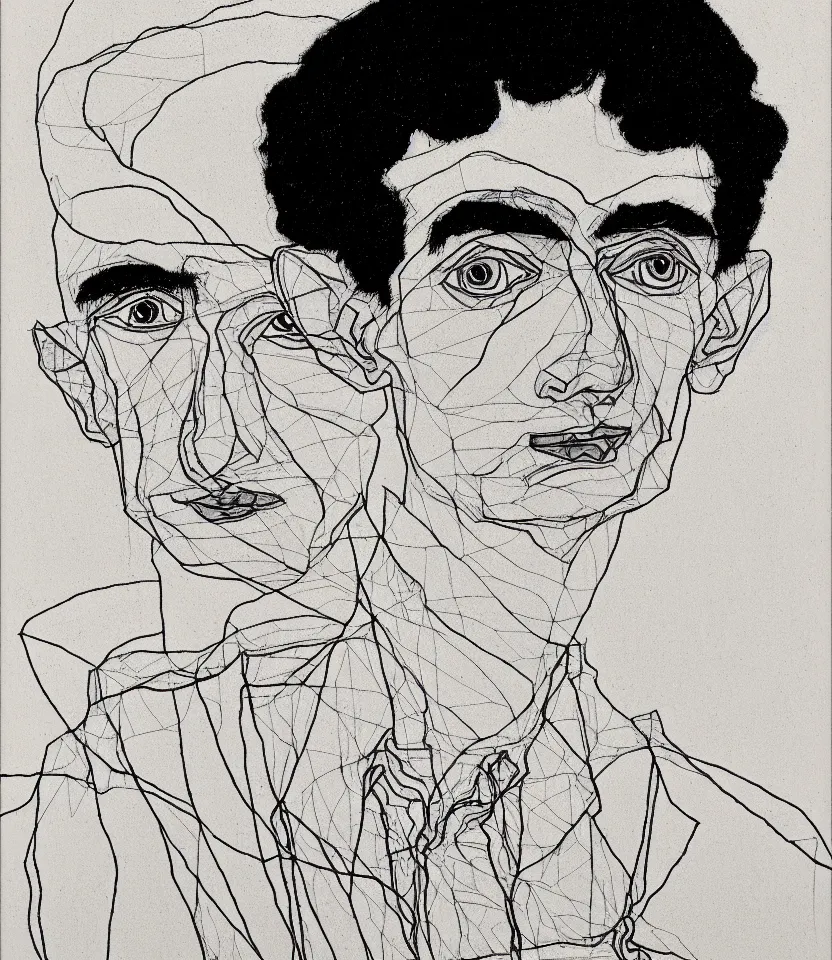 Image similar to detailed line art portrait of franz kafka, inspired by egon schiele. caricatural, minimalist, bold contour lines, musicality, soft twirls curls and curves, confident personality, raw emotion