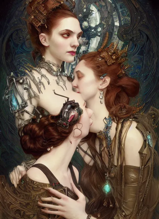 Image similar to portrait of two beautiful pale gothic maidens kissing, warhammer 40000, cyberpunk, intricate, elegant, highly detailed, digital painting, artstation, concept art, smooth, sharp focus, illustration, art by artgerm and greg rutkowski and alphonse mucha and Gustav Klimt