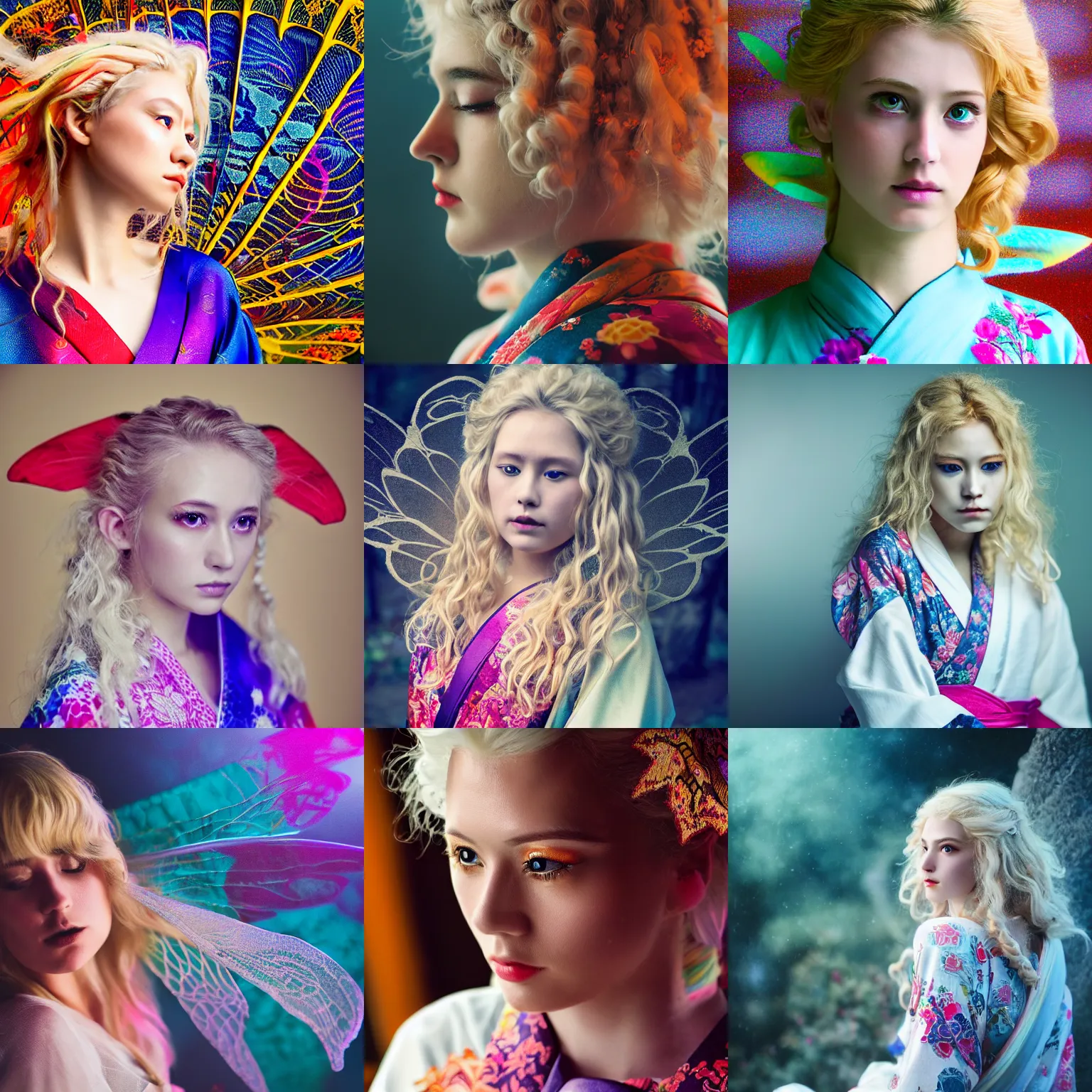 Prompt: stunning, breathtaking, awe - inspiring award - winning portrait of an attractive white faerie with wavy blonde hair, wearing a colorful yukata, extremely moody lighting, intricate, 8 k