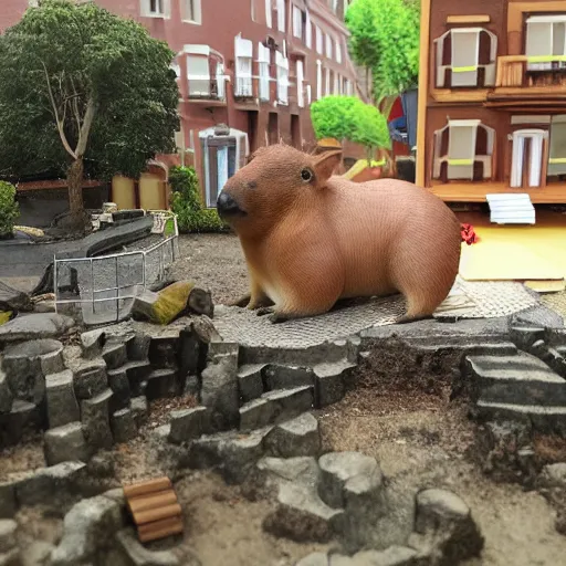 Prompt: A very oversized capybara is sitting on the middle of a miniature city. Shot from far away, detailed.