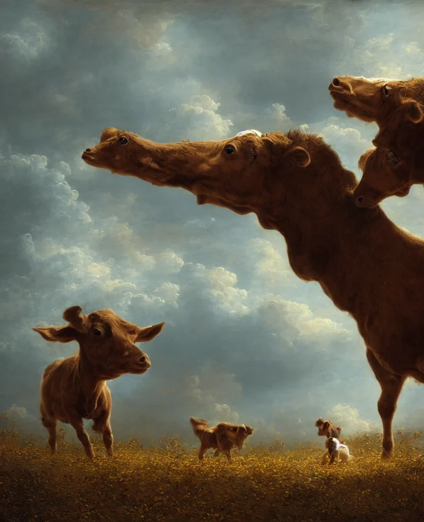 Prompt: a two headed brown calf ( alone ) in a pasture, windy, stoic, modern, cgsociety, hyperdetailed, dramatic, stars, epic painting, shooting stars, painted by jean honore fragonard and greg rutkowski, full body, octane render, sharpness, 8 k, golden ratio