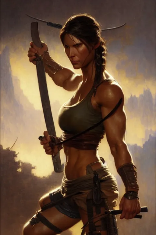 Image similar to muscular sweat lara croft as samurai, highly detailed painting by gaston bussiere, craig mullins, j. c. leyendecker 8 k