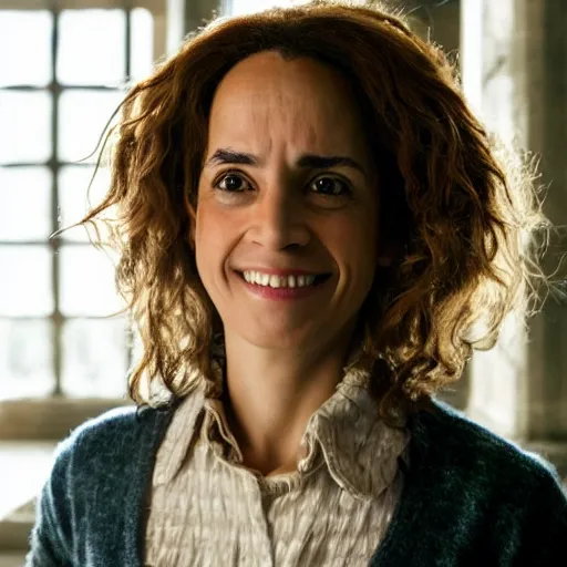 Image similar to photo of hermione granger in her 4 0 s, smiling, realistic, perfect eyes, symmetrical, full body shot, wide angle, sharp focus, 8 k high definition, insanely detailed, intricate, elegant