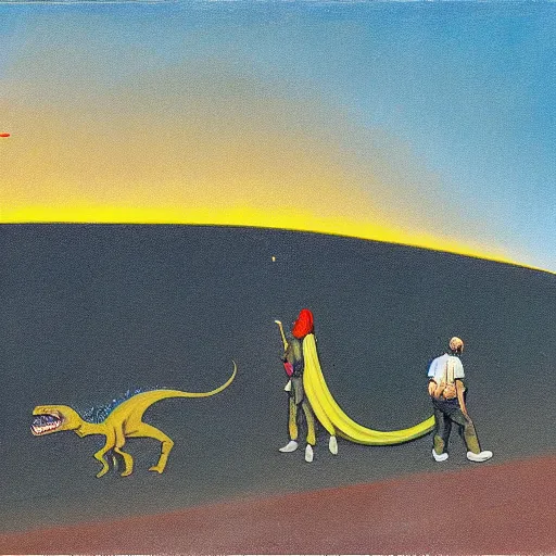 Prompt: painting of the extinction of the dinosaurs with asteroid and fire, in the style of edward hopper