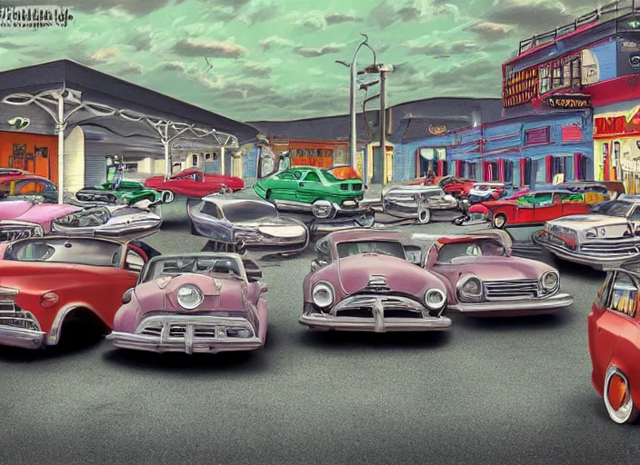 Prompt: car lot, lowbrow, matte painting, 3 - d highly detailed, in the style of mark ryden,