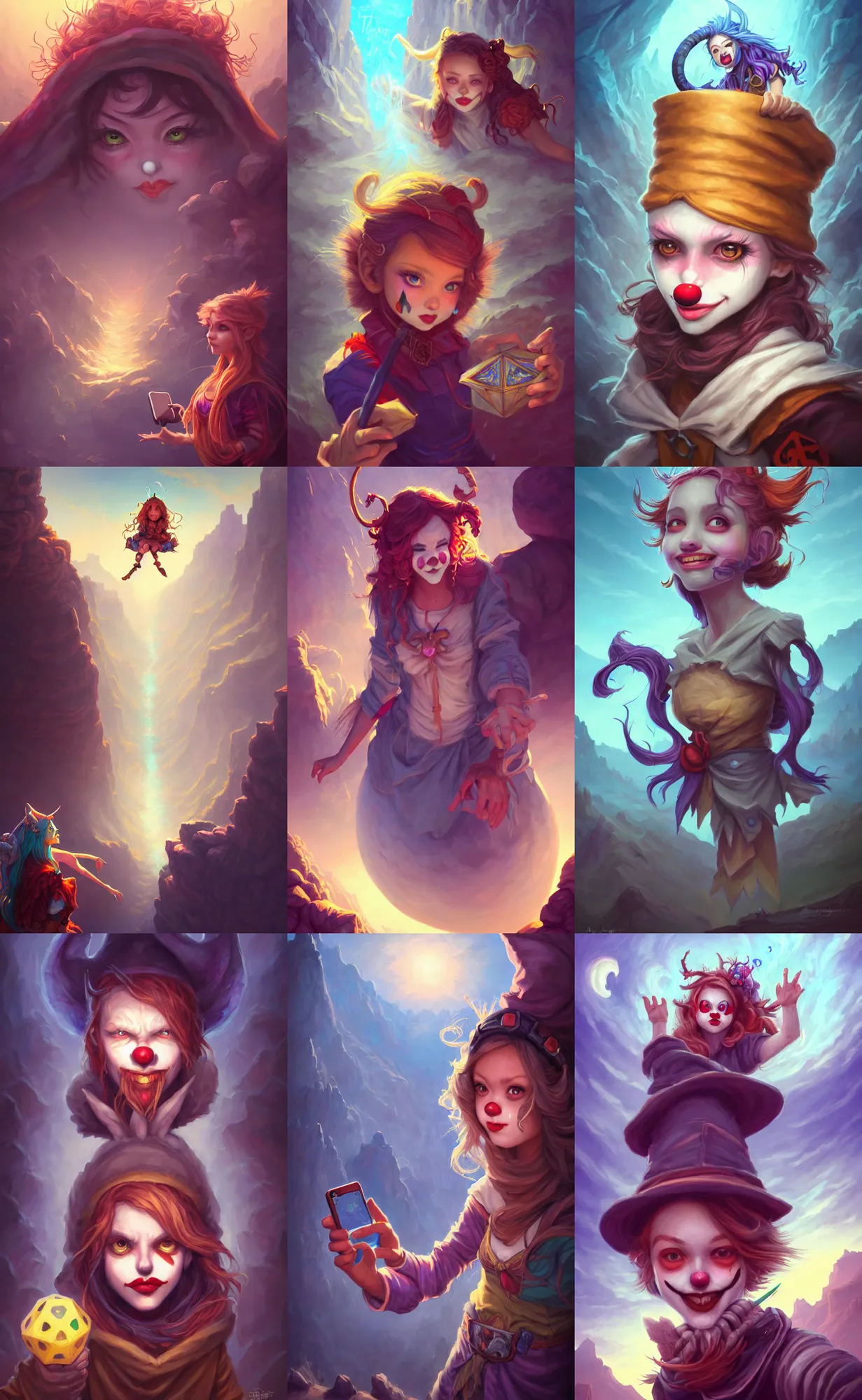 Prompt: selfie taken by cute hobo clown girl from the rim of the grand canyon, magic realism, fantasy, whimsical, dungeons and dragons, magic the gathering, league of legends, art by randy vargas, art by artgerm, art by alex garner, art by anato finnstark intricately detailed, highly detailed, trending on artstation