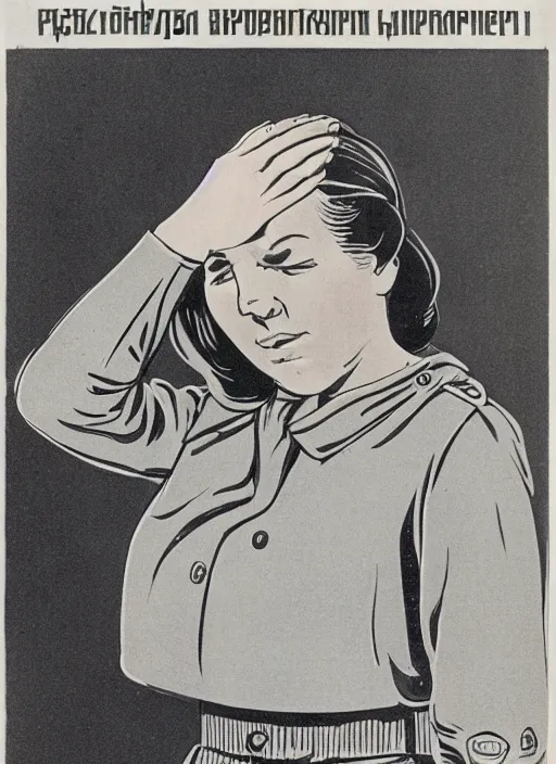 Image similar to soviet propaganda psoter of a woman covering her ears and with closed eyes