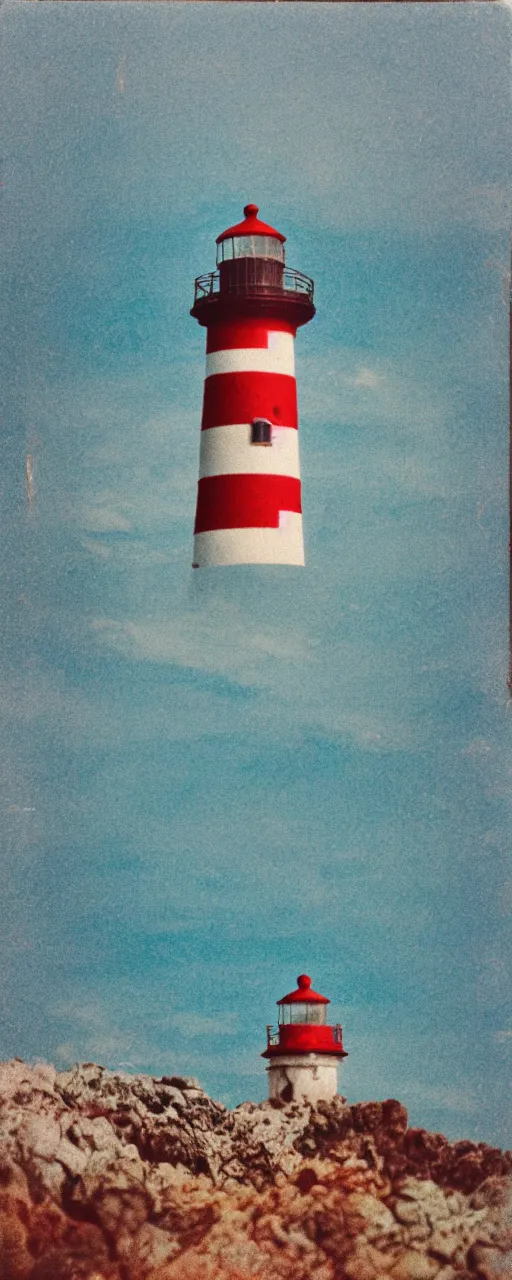 Prompt: Lighthouse on small rocky island in violent seas. vintage analog poloroid. warm azure tones, red color bleed, film grain, beautiful, brilliant.